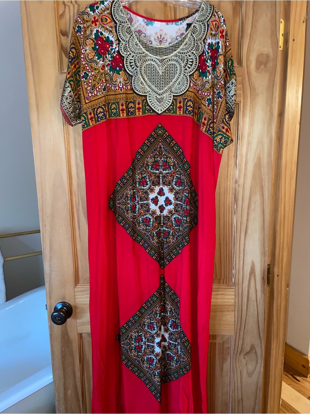 Bohemian Red Maxi Dress with Ornamental Embellished Yoke